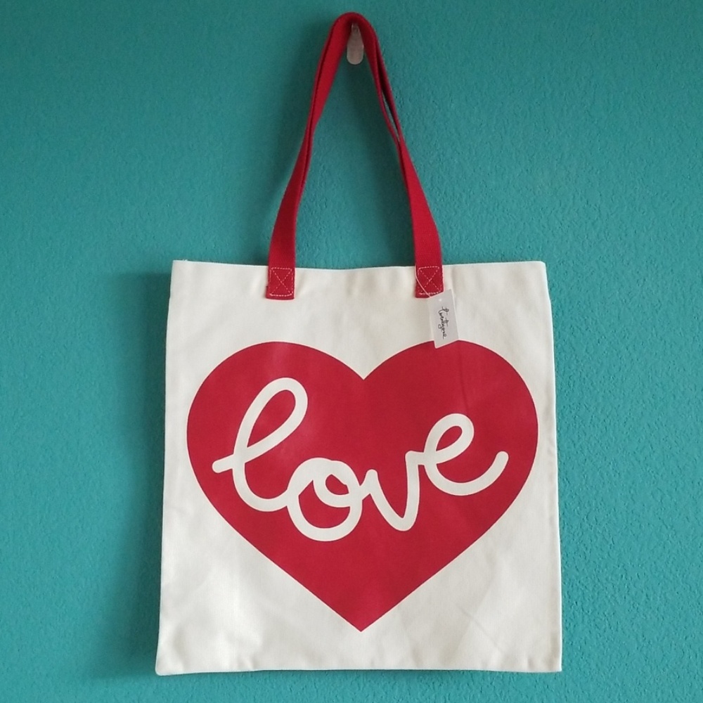 NWT {LOVE} Forever 21 Cream & Red Heart Tote Bag
